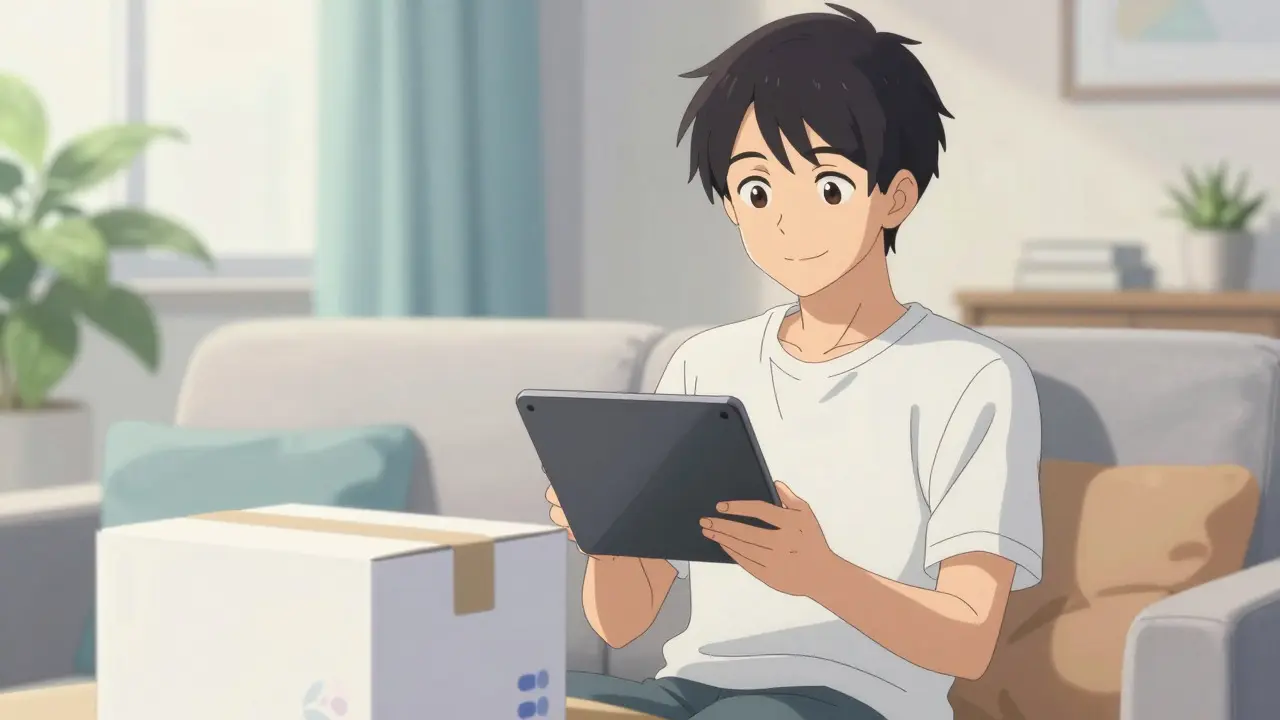 Anime character on a couch with a tablet, waiting for a medication delivery package