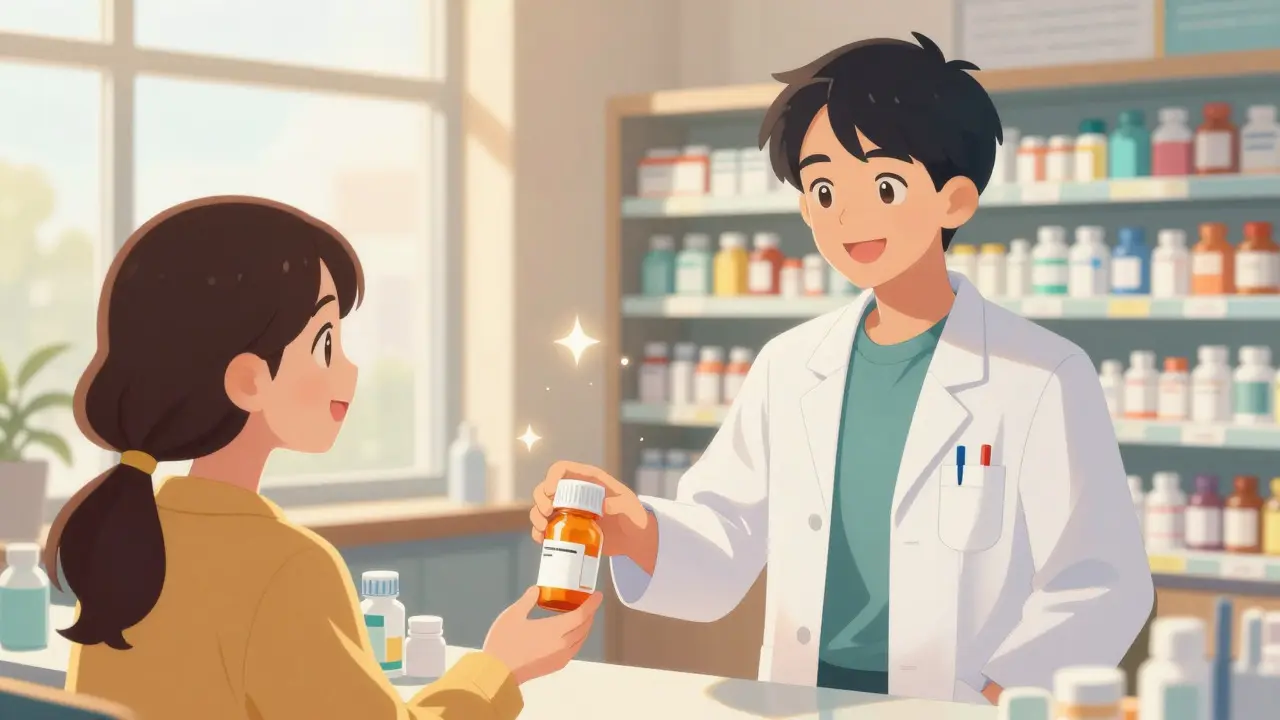 Anime depiction of a pharmacist handing a medicine bottle to a happy patient in a bright shop