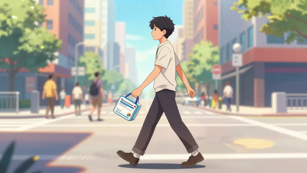 Anime person walking confidently in a sunny city, carrying a discreet medication bag