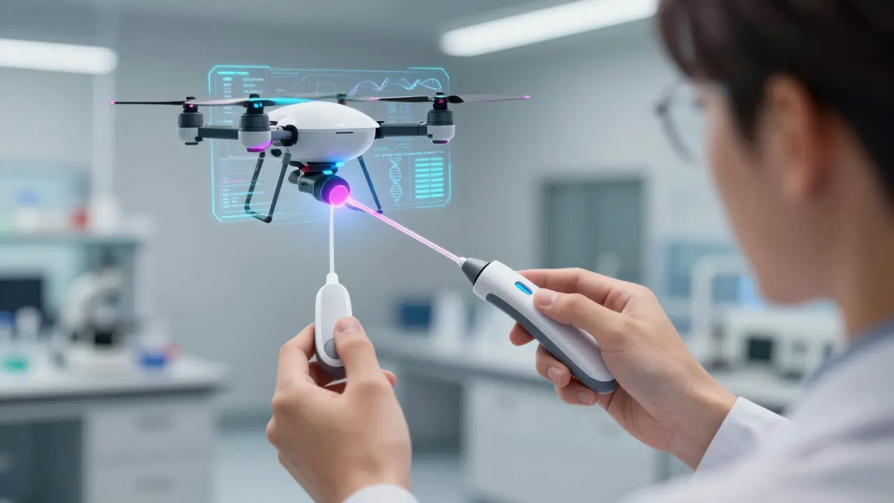 Anime scientist using futuristic AI drone for environmental DNA testing