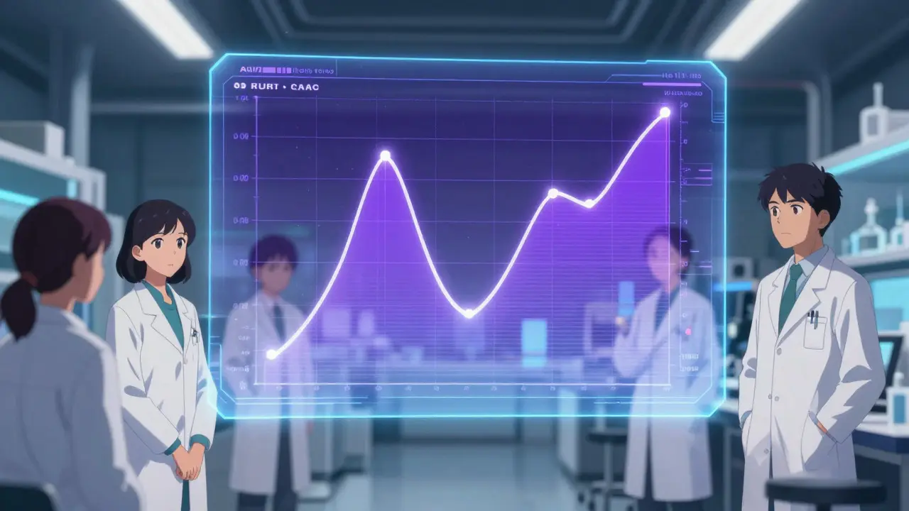 Anime-style lab scene with scientists viewing floating holographic data curves representing drug metrics