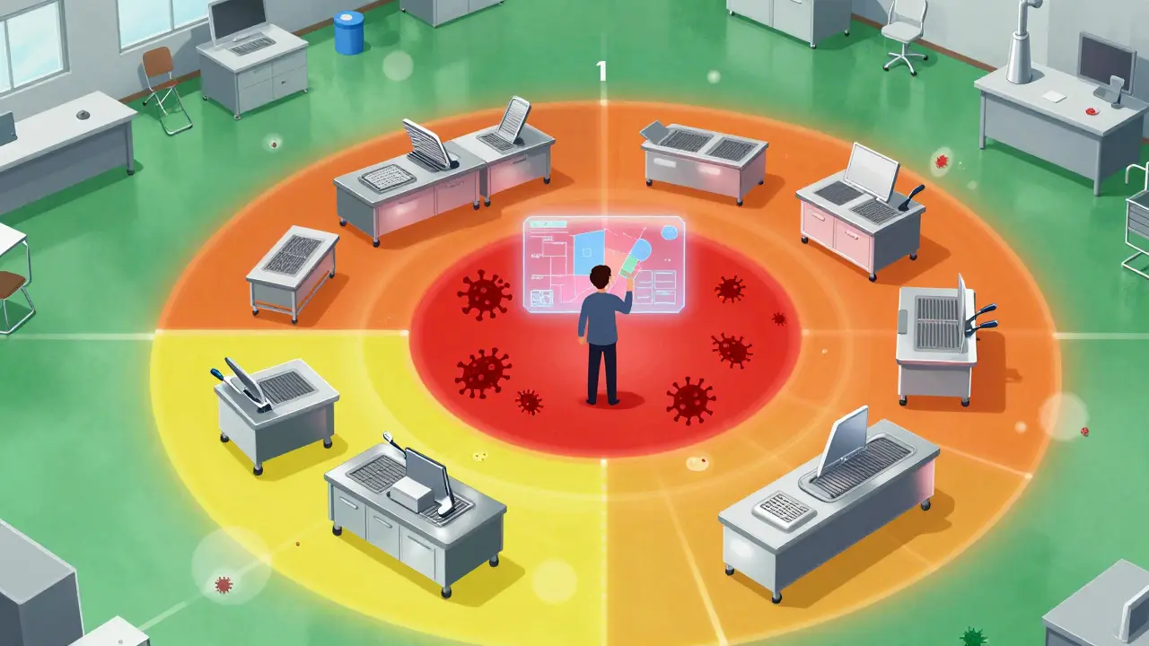 Anime visualization of four contamination zones spreading from factory floors