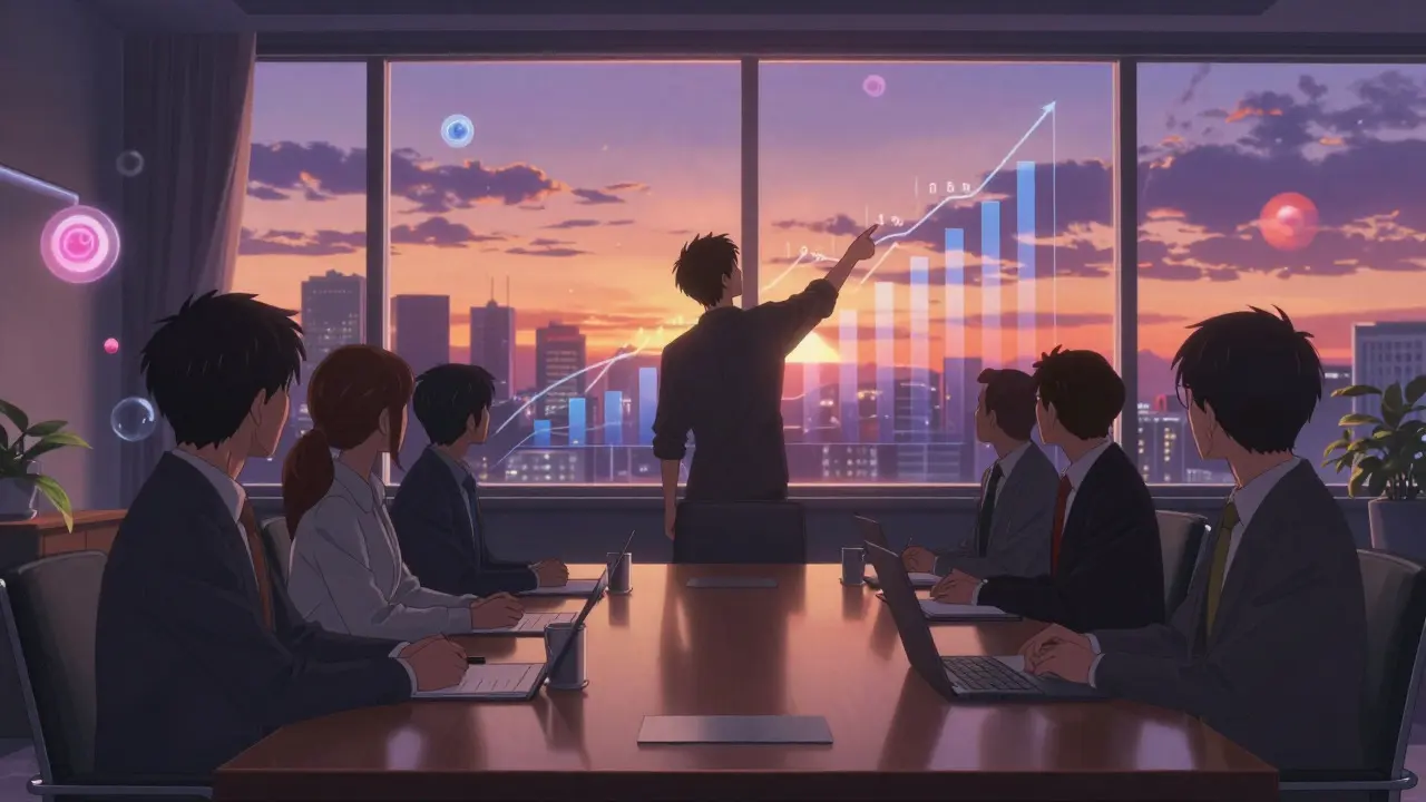 Business professionals discussing strategy in a modern office at sunset