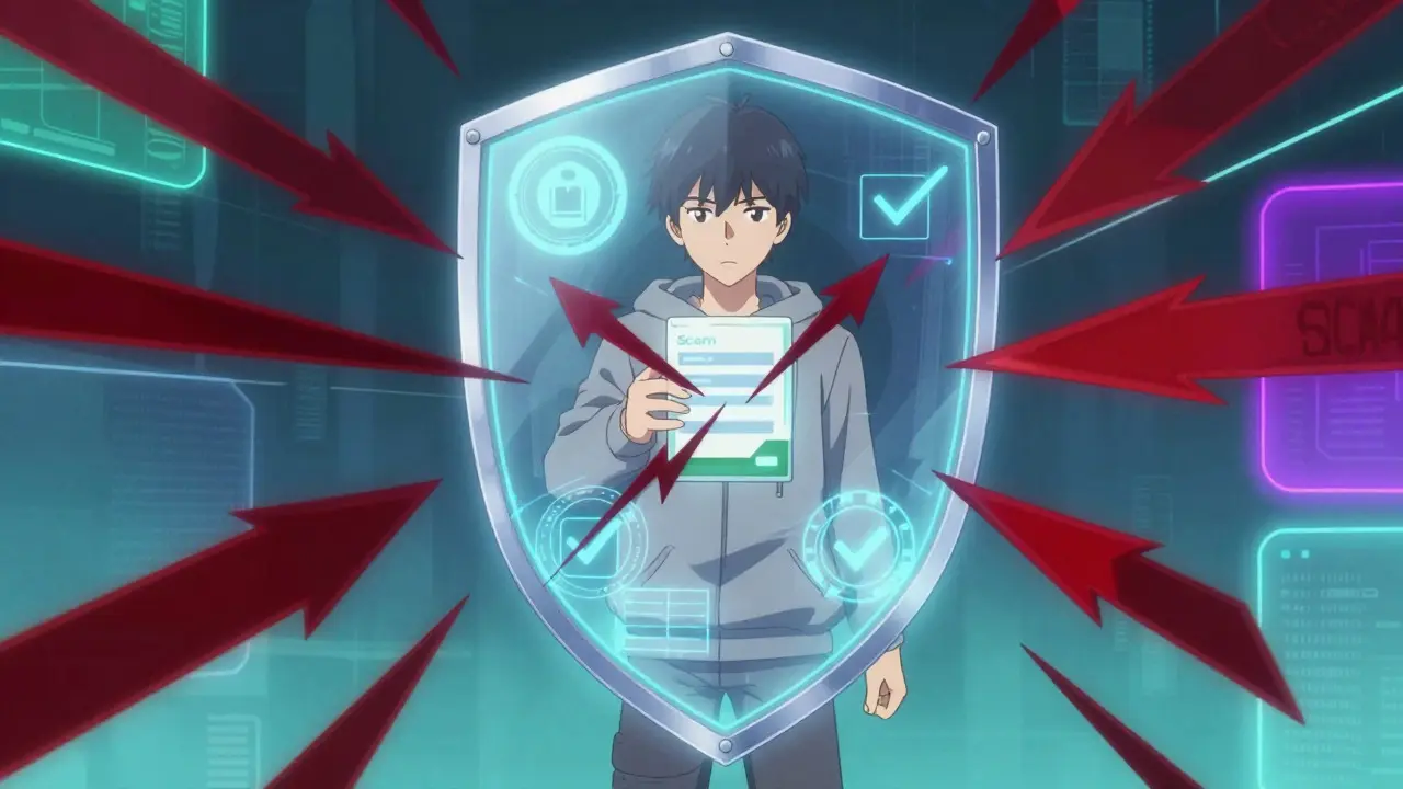 Character protected by a digital shield against scam arrows
