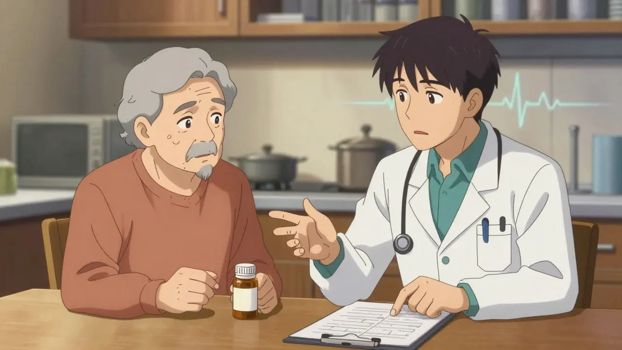 Doctor counseling an elderly patient about medication switch