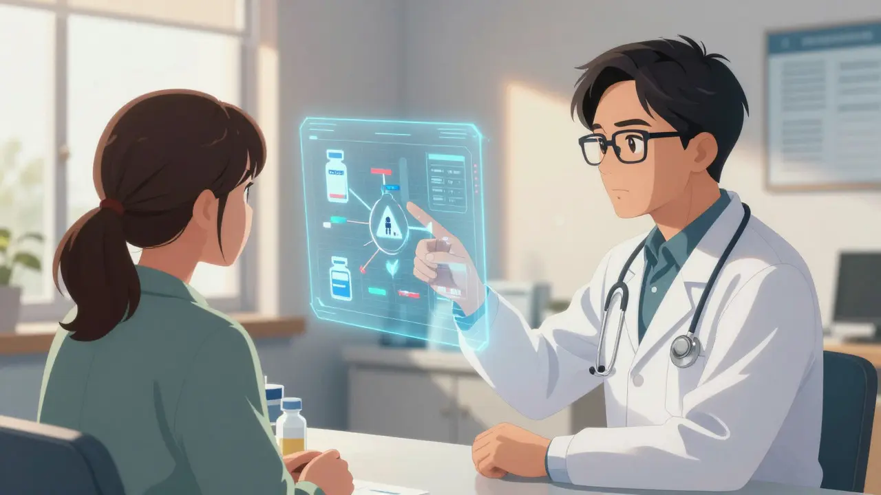 Doctor explaining drug interactions to patient in anime style