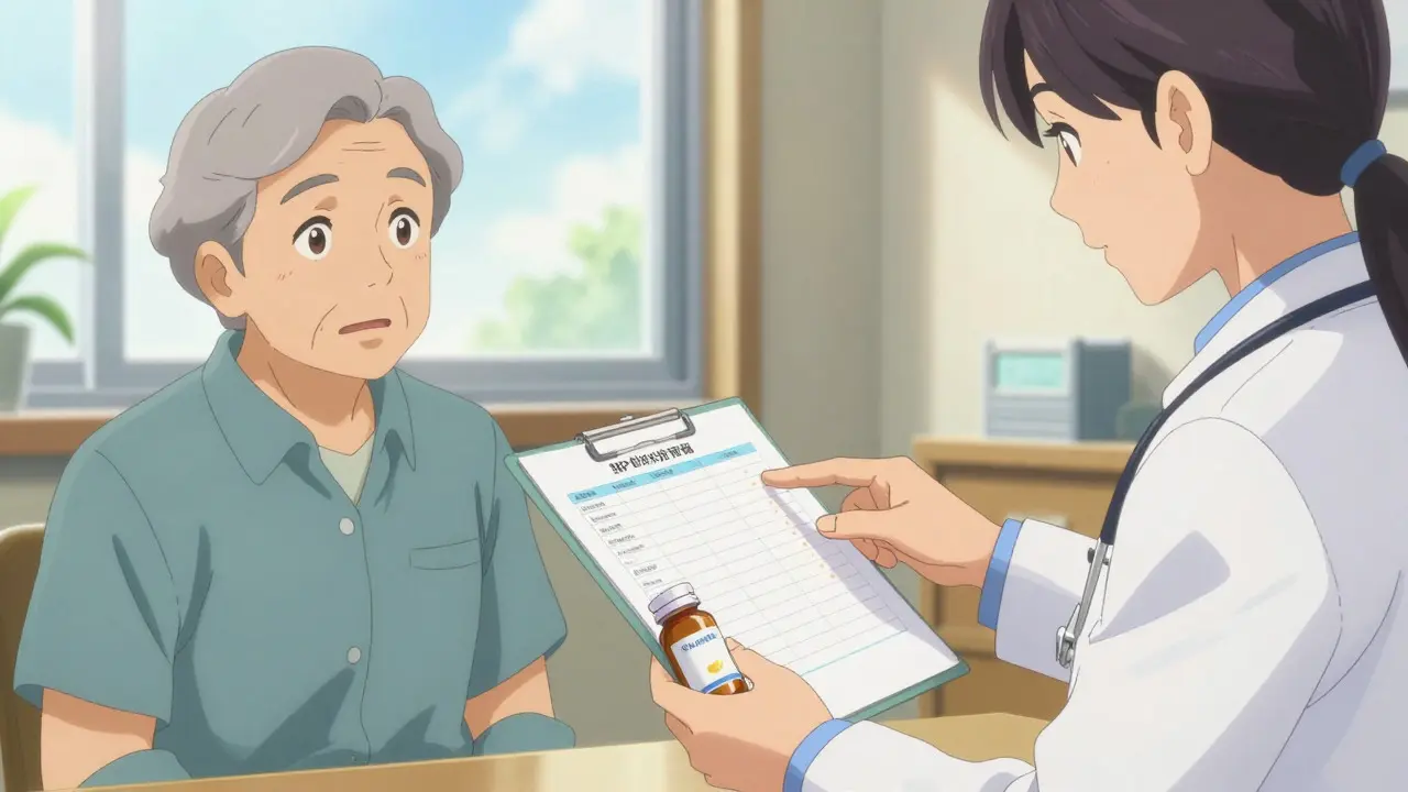 Doctor helping senior simplify medication regimen in bright clinic