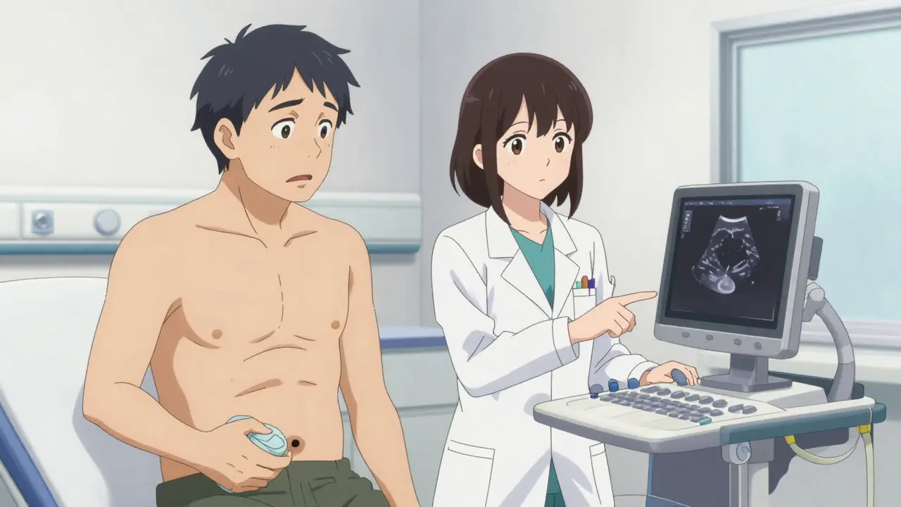 Doctor showing a patient a bladder scan result in anime style