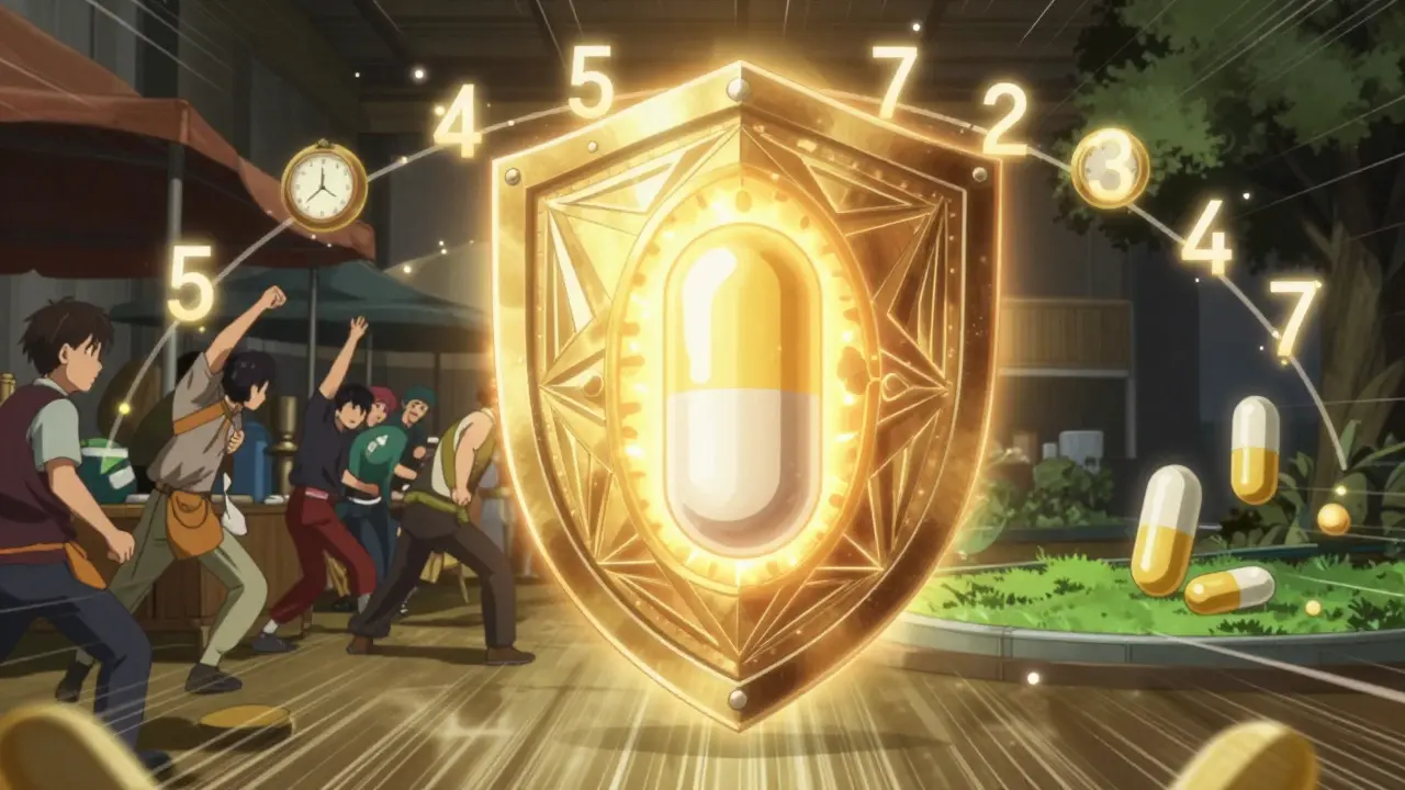 Golden shield protecting a medicine capsule with a time clock symbol