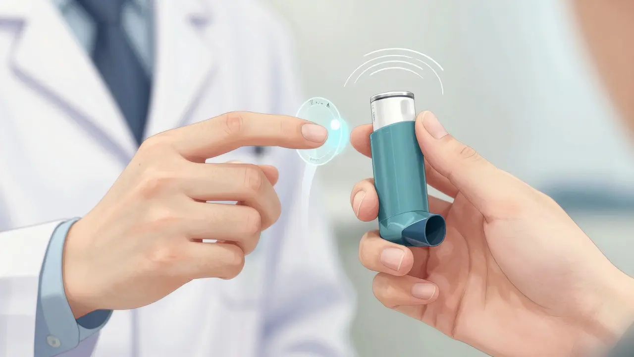 Hands demonstrating inhaler use with visual aids in anime style