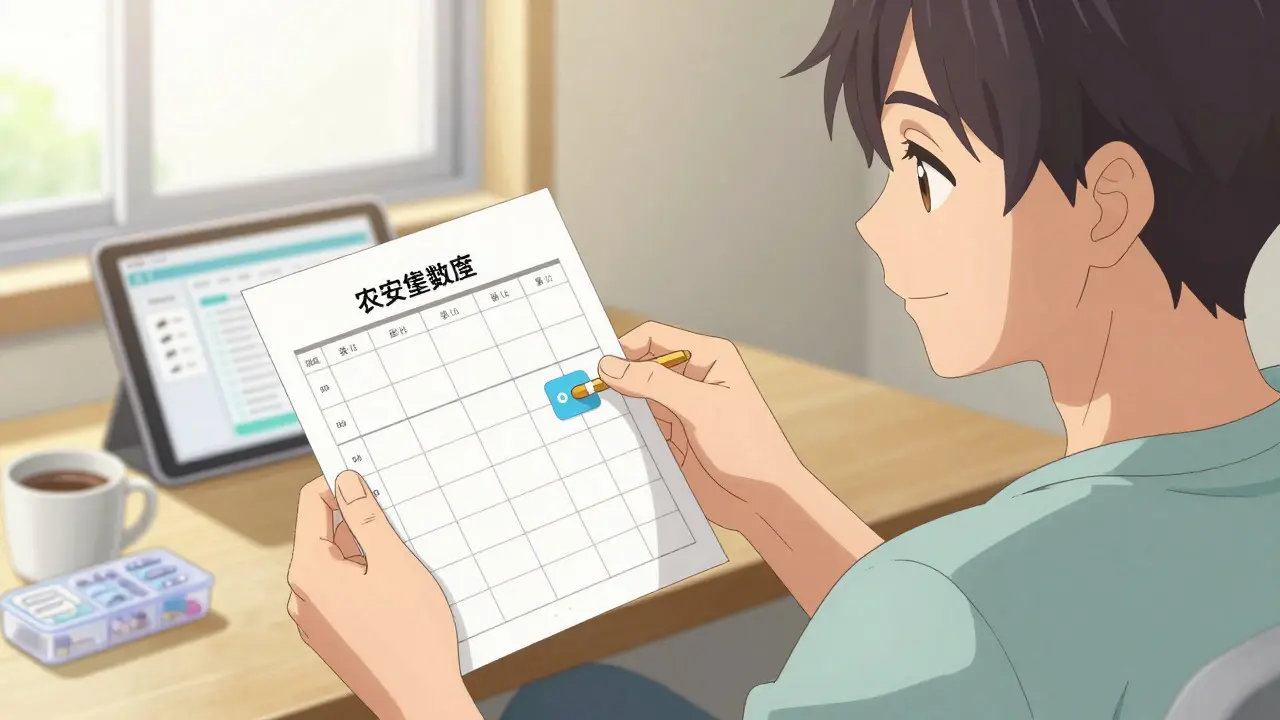 Patient confidently managing meds with schedule in anime style