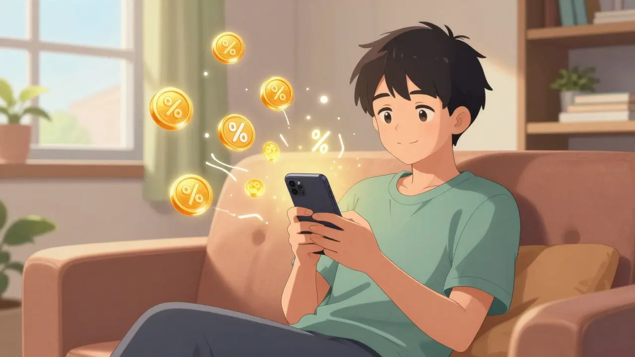 Person using a smartphone at home with floating discount symbols