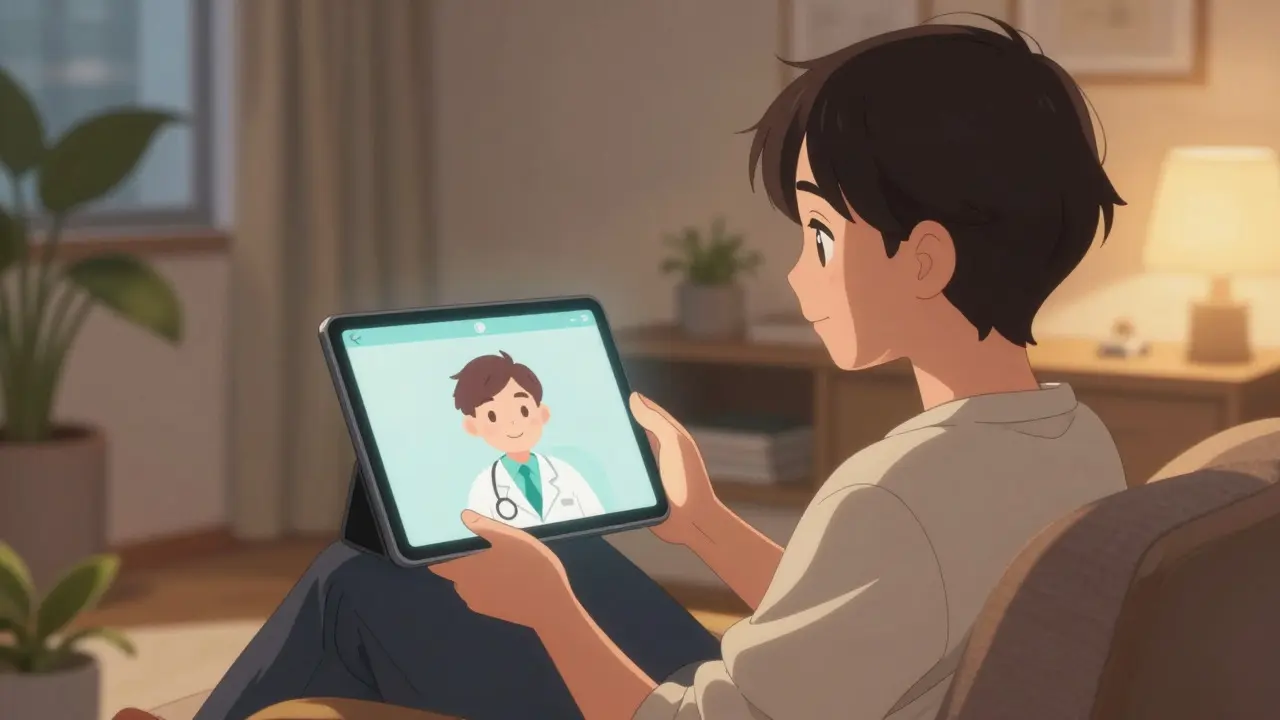 Person using a tablet for a virtual doctor visit in a cozy room
