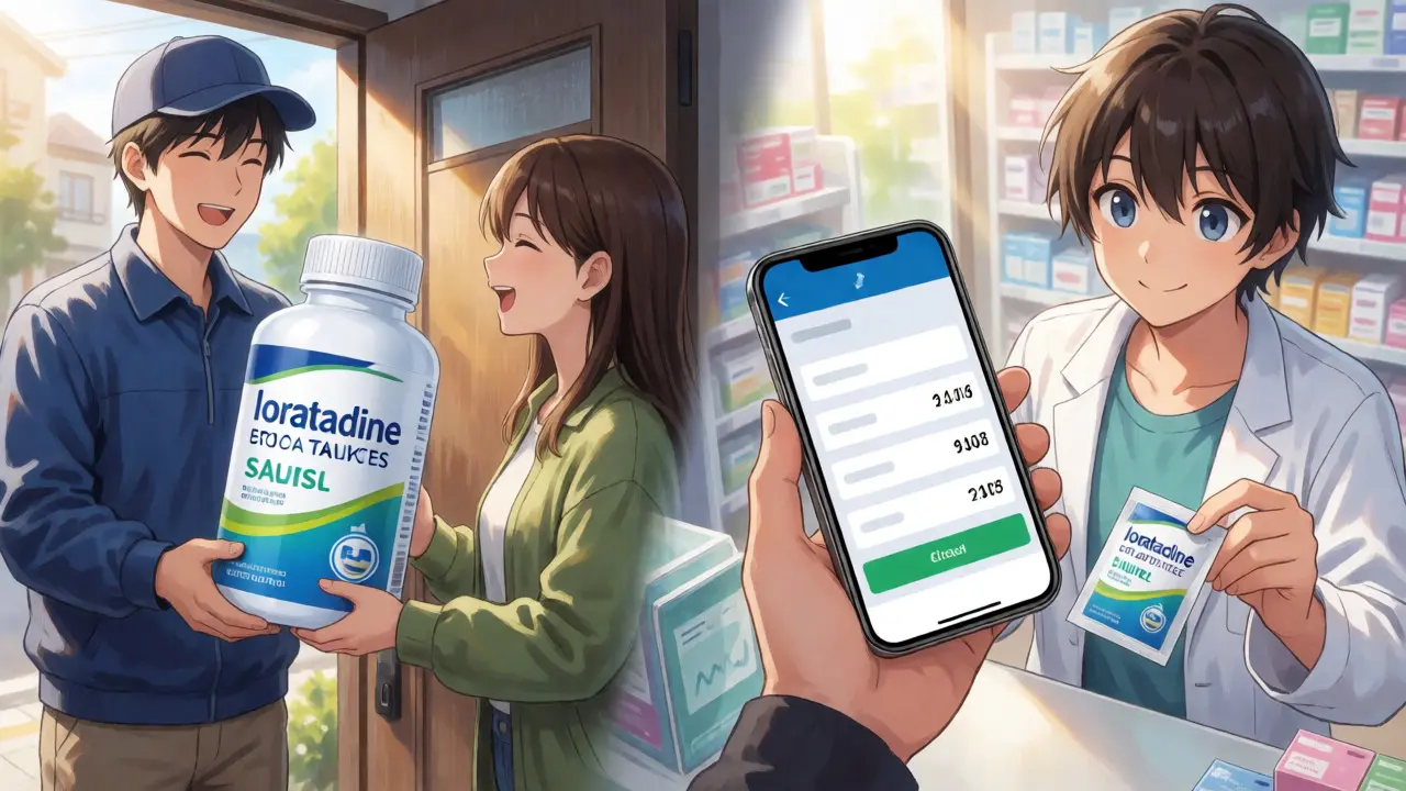 Split screen anime illustration showing home delivery of bulk pills and phone price checking.