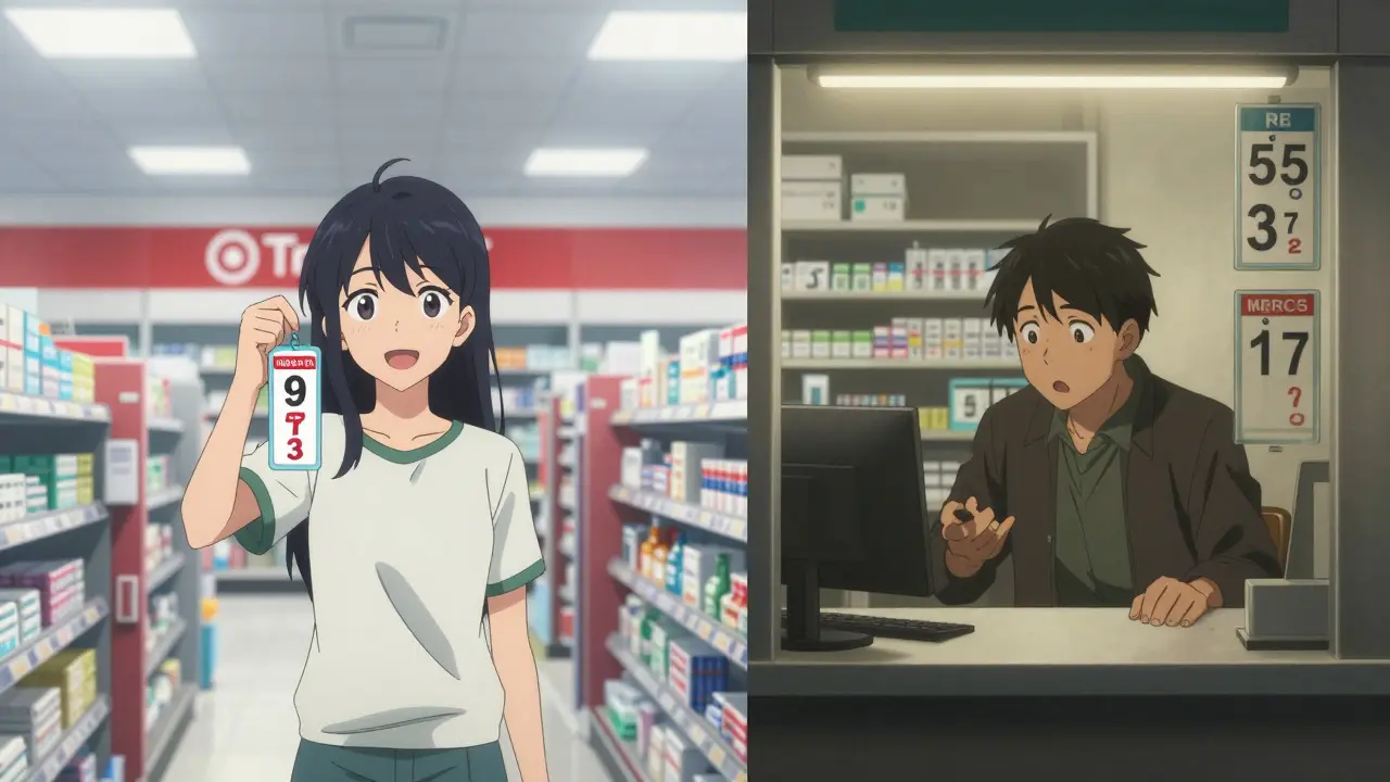 Split view comparing cheap and expensive pharmacy prices in anime art