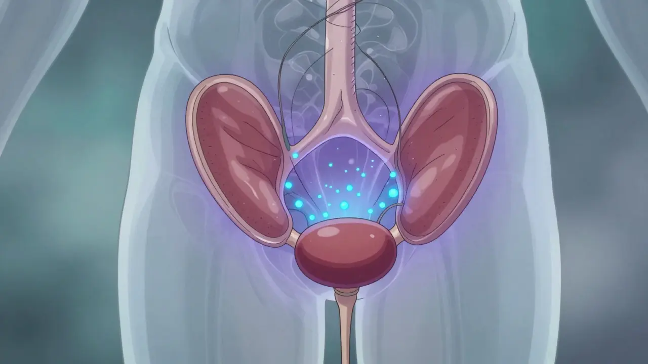 Stylized anime diagram of bladder receptors blocking contraction signals