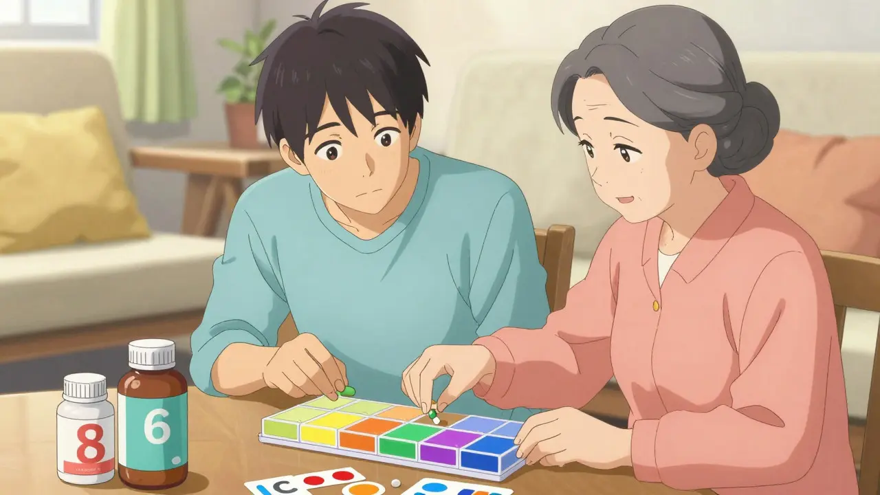 Young adult assisting elderly parent with color-coded pill organizer