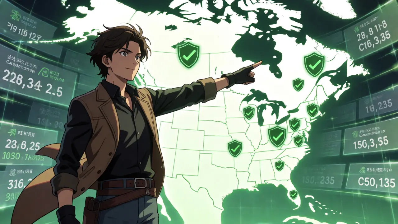 Anime protagonist pointing to certified pharmacies on a digital map.