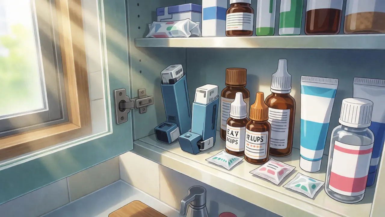 Organized medicine cabinet with inhalers and drops in sunlight.