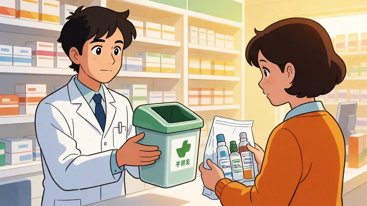 Pharmacist handing a take-back bin to a patient with expired meds.