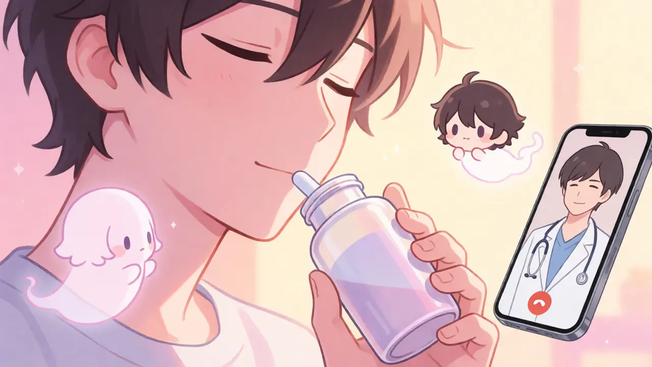 Relieved anime character taking medication with telehealth support.